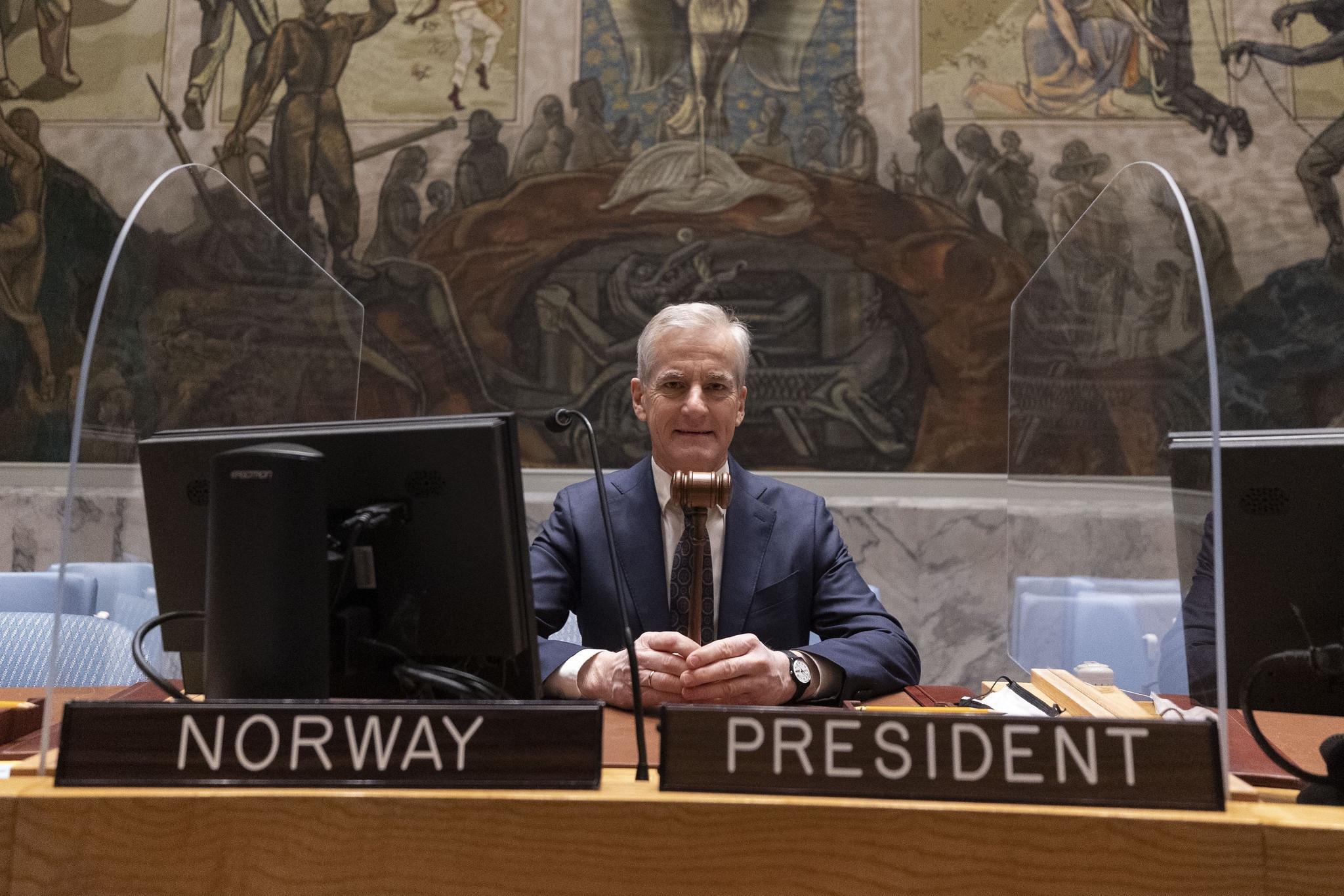 Norge holdt i presidentklubba i januar 2022. Under Norges presidentskap ledet statsminister Jonas Gahr Støre flere møter i Sikkerhetsrådet. Foto: UN Norway / Pontus Höök