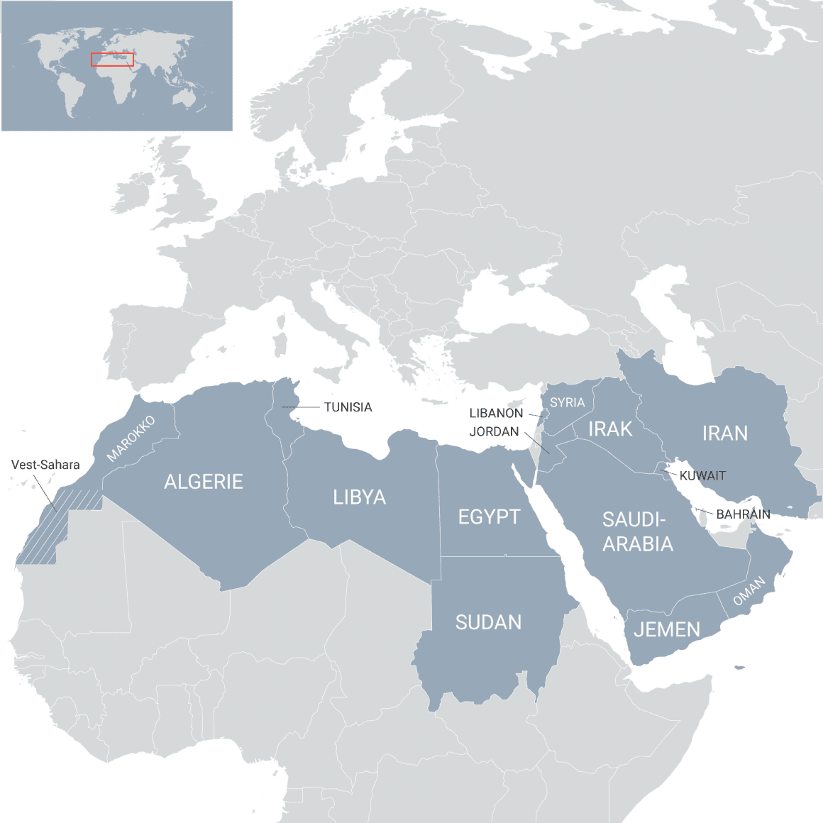 Kart over land i opprører i den arabiske våren. Tunisia, Algerie, Libya, Egypt, Sudan, Syria, Jemen, Bahrain, Libanon, Oman