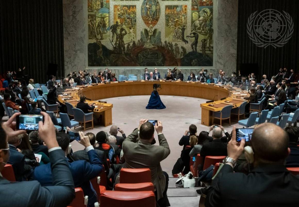 I april stemte Sikkerhetsrådet over en resolusjon som fordømte Russlands aggresjon mot Ukraina. Den ble ikke vedtatt, fordi Russland la ned veto. Foto: UN Photo/Mark Garten