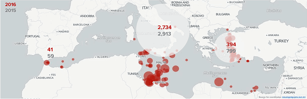 Infografikk og kart over døde og savnede over Middelhavet.