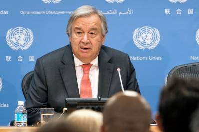FNs generalsekretær António Guterres holdt pressekonferanse før den 72. generalforsamlingen. Her kritiserte han myndighetene i Myanmar. Foto: UN Photo/Mark Garten